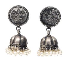 HandmadeÂ Oxidised Silver Laxmi On Coin Dome Shaped Jhumkas With Pearl Beads
