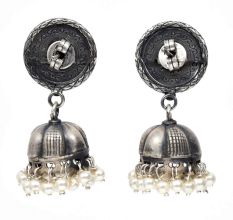 HandmadeÂ Oxidised Silver Laxmi On Coin Dome Shaped Jhumkas With Pearl Beads