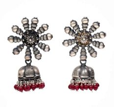 Handmade Oxidized Silver With Sun design Stud Jhumka Jhumki EarringsÂ With Red Beads