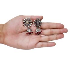 Handmade Oxidized Silver With Sun design Stud Jhumka Jhumki EarringsÂ With Red Beads