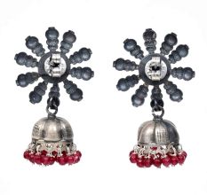 Handmade Oxidized Silver With Sun design Stud Jhumka Jhumki EarringsÂ With Red Beads