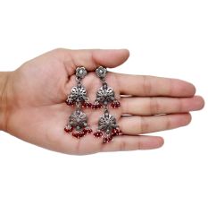 Handmade Oxidized Silver Floral Design Red Stone Dangle Earrings for Women and Girls