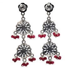 Handmade Oxidized Silver Floral Design Red Stone Dangle Earrings for Women and Girls