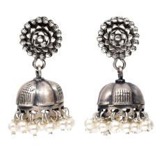Handmade Oxidized Silver Floral Stud Jhumki Jhumka EarringÂ With Pearl Beads