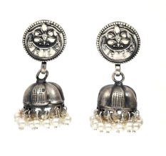 Handmade Oxidized Silver Engraved Jhumki Earrings With Pearl Bead Hangings