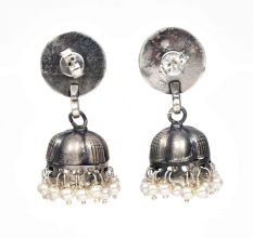 Handmade Oxidized Silver Engraved Jhumki Earrings With Pearl Bead Hangings