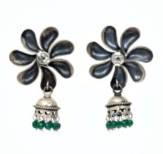 Handmade Oxidized Silver Jhumki With Big Flower Stud With Green Bead Hangings