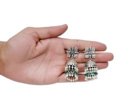 Handmade Oxidized Silver Jhumkis Earring With White Pearl Long Tassel