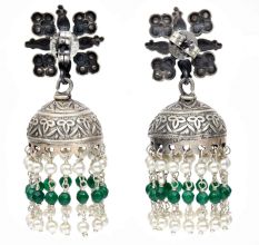 Handmade Oxidized Silver Jhumkis Earring With White Pearl Long Tassel