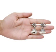 Handmade Oxidized Silver Jhumkis With Big Petal Flower Stud Design And Pearl Hangings