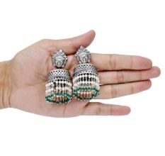 Handmade Oxidized Silver Goddess Face Drum Jhumkis With Pearl And Green Bead Tassels