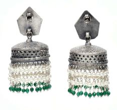 Handmade Oxidized Silver Goddess Face Drum Jhumkis With Pearl And Green Bead Tassels