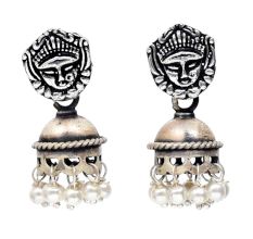Handmade Oxidized Silver Goddess Face Bell Shape With Pearl Hangings