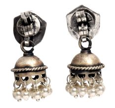 Handmade Oxidized Silver Goddess Face Bell Shape With Pearl Hangings
