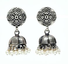 Handmade Oxidized Silver Round Engraved  Jhumki Earrings With Pearl Hangings
