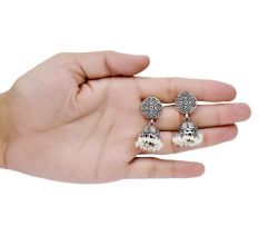 Handmade Oxidized Silver Round Engraved  Jhumki Earrings With Pearl Hangings