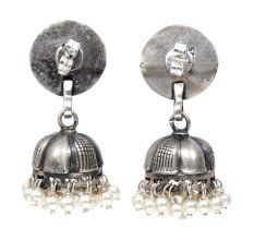 Handmade Oxidized Silver Round Engraved  Jhumki Earrings With Pearl Hangings