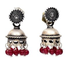 Handmade Oxidized Silver Jhumki Earrings With Green Beads Hanging