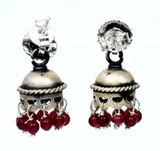 Handmade Oxidized Silver Jhumki Earrings With Green Beads Hanging