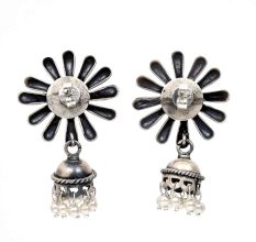 Handmade Oxidized Silver Jhumki Earring Sunflower Stud And Pearl Tassel