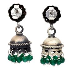 Handmade Oxidized Silver Stud Jhumka Earrings for Girls and Women With Green Beads