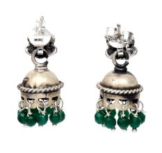 Handmade Oxidized Silver Jhumki Earring For Women With Engraved  Floral Stud And Green Beads