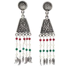 Handmade Oxidized Silver Tassel EarringsÂ With Red And Green Beads