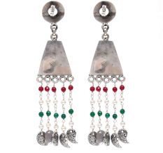 Handmade Oxidized Silver Tassel EarringsÂ With Red And Green Beads
