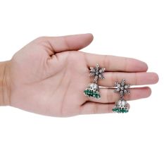 Handmade Oxidized Floral Antique Tribal Jhumki With Green Beads