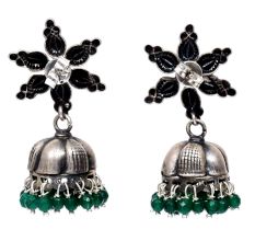 Handmade Oxidized Floral Antique Tribal Jhumki With Green Beads