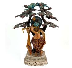 Flute-playing Lord Krishna Under The Brass Hand-sculpted Tree