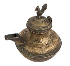 Handmade Brown Brass Oil Pot With Bird Finial On Lid