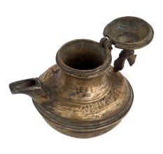 Handmade Brown Brass Oil Pot With Bird Finial On Lid