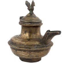Handmade Brown Brass Oil Pot With Bird Finial On Lid