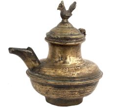 Handmade Brown Brass Oil Pot With Bird Finial On Lid