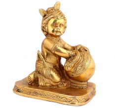 Handmade Golden Brass Krishna Makhan Chor Statue