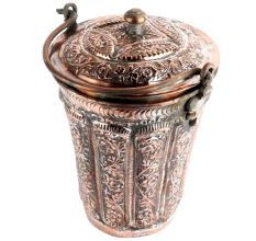 Handmade Brown Copper Floral Design Engraved Bucket And Lid