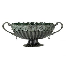 Handmade Black Patina Brass Bowl With Decorative Rim And Side Handles