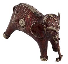 Brass Tribal Standing Elephant With Intricate Detailing In Gold