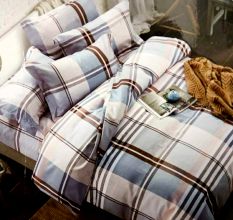 Beige And Blue Cotton Geometrical Print Bed Sheet With 2 Pillow Covers