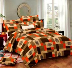Orange And Brown Calvin Cotton Checkered Printed Bed sheet with 2 Pillow Covers