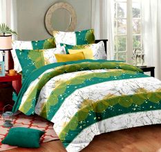 Multi Green Geometric Cotton Double Bed sheet Set and 2 Pillow Covers