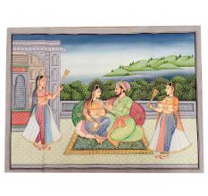 Canvas Mughal Painting Of Emperor Shah-Jahan And Mumtaz Love Scene