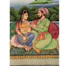 Canvas Mughal Painting Of Emperor Shah-Jahan And Mumtaz Love Scene