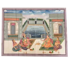 Mughal Canvas Painting Of Emperor Shahjahan And Mumtaz Mahal Drinking Wine