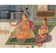 Mughal Canvas Painting Of Emperor Shahjahan And Mumtaz Mahal Drinking Wine