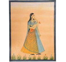 Canvas Mughal Painting Depicting a Lady Holding Orange Flowers