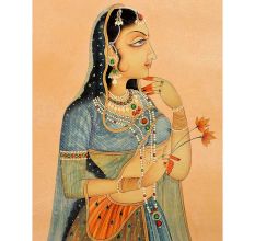 Canvas Mughal Painting Depicting a Lady Holding Orange Flowers