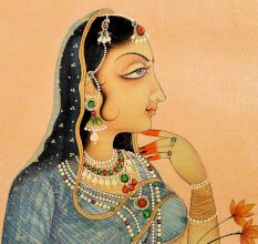 Canvas Mughal Painting Depicting a Lady Holding Orange Flowers