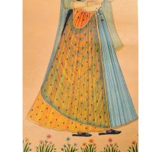 Canvas Mughal Painting Depicting a Lady Holding Orange Flowers